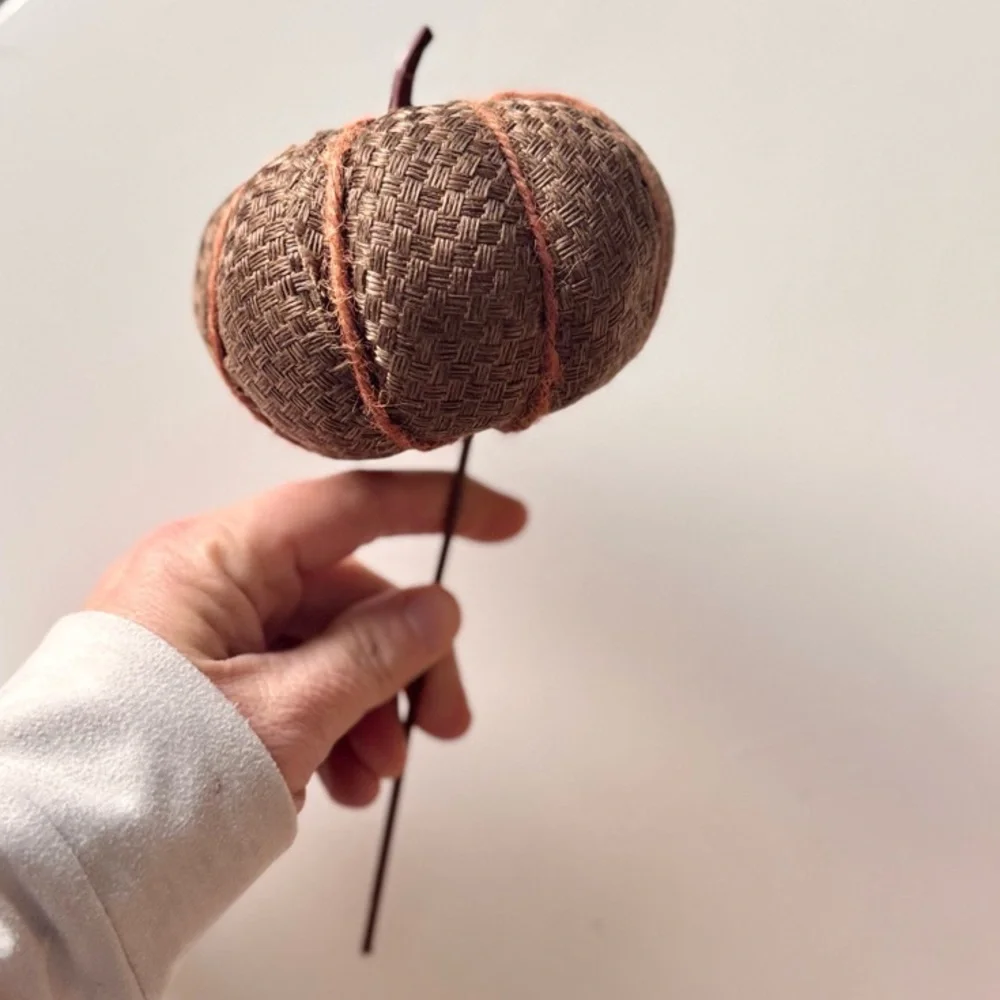 RUSTIC Fall Farmhouse Pumpkin Burlap Brown Faux Floral Accent Pick
